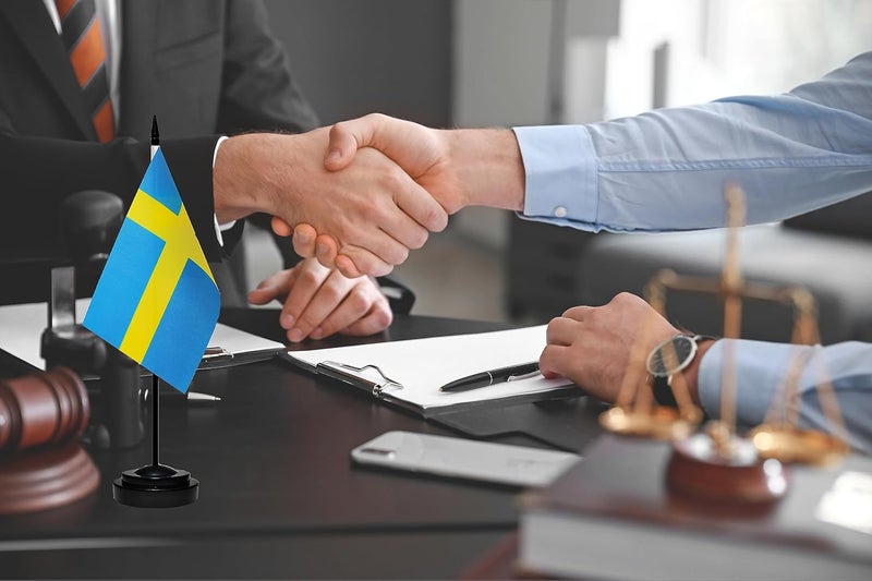 tibijoy Sweden Flags Swedish Small Mini Desk Flags Set Small Mini Sweden Flags Table Flag with 13" Black Pole, Black Base and Spear Top, Miniature Swedish Deluxe Desktop Flag, Home Decoration, Office - Image 5